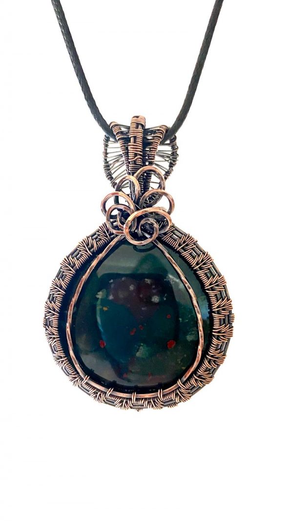 Blood Stone Pendant Woven in Copper Wire #103