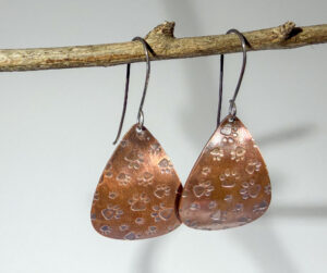 Copper Textured Earrings- Teardrop Shape with Dog Paw Prints #396