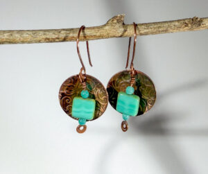 Copper Disc Earrings with Zwarovski Beads #392