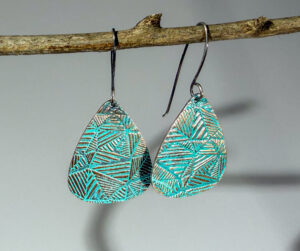 Copper Textured Earrings- Teardrop Shaped with Turquoise Patina #224